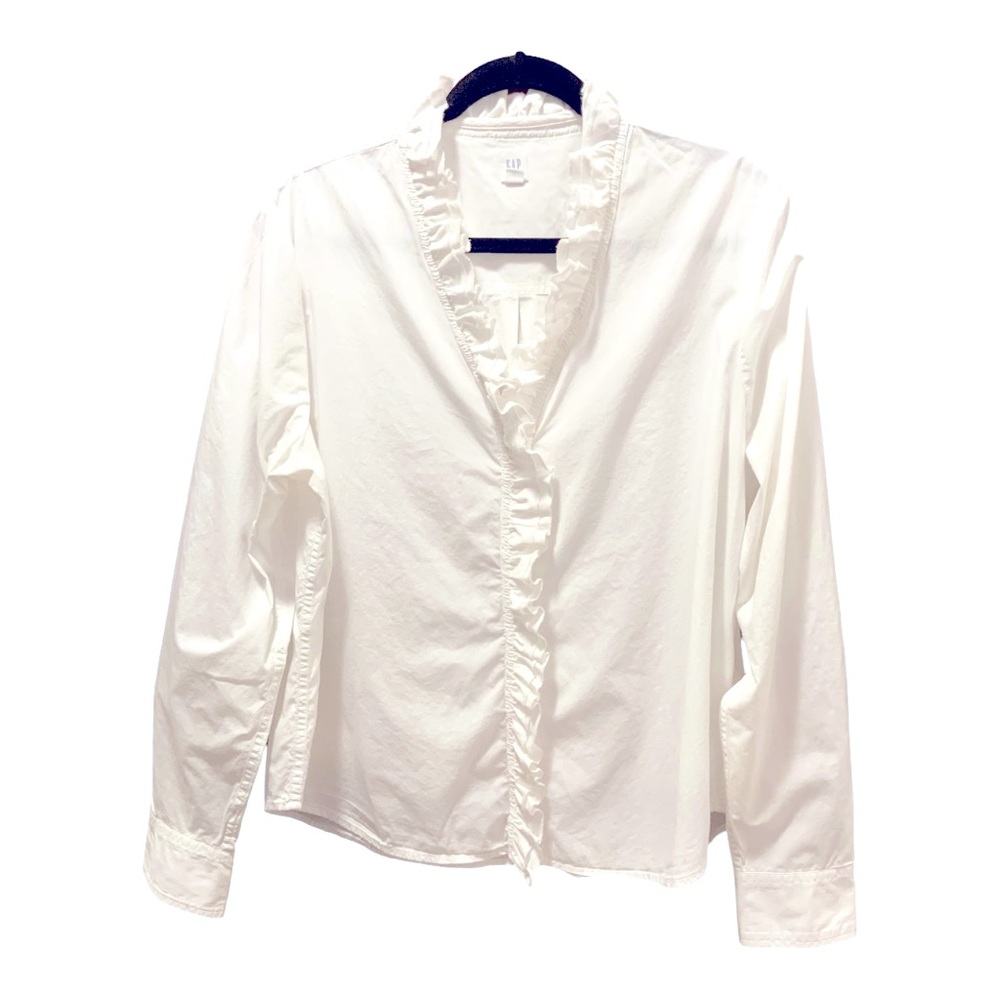 GAP WOMEN’S XL WHITE BUTTON DOWN COTTON SHIRT W/ RUFFLED NECKLINE & LONG SLEEVES